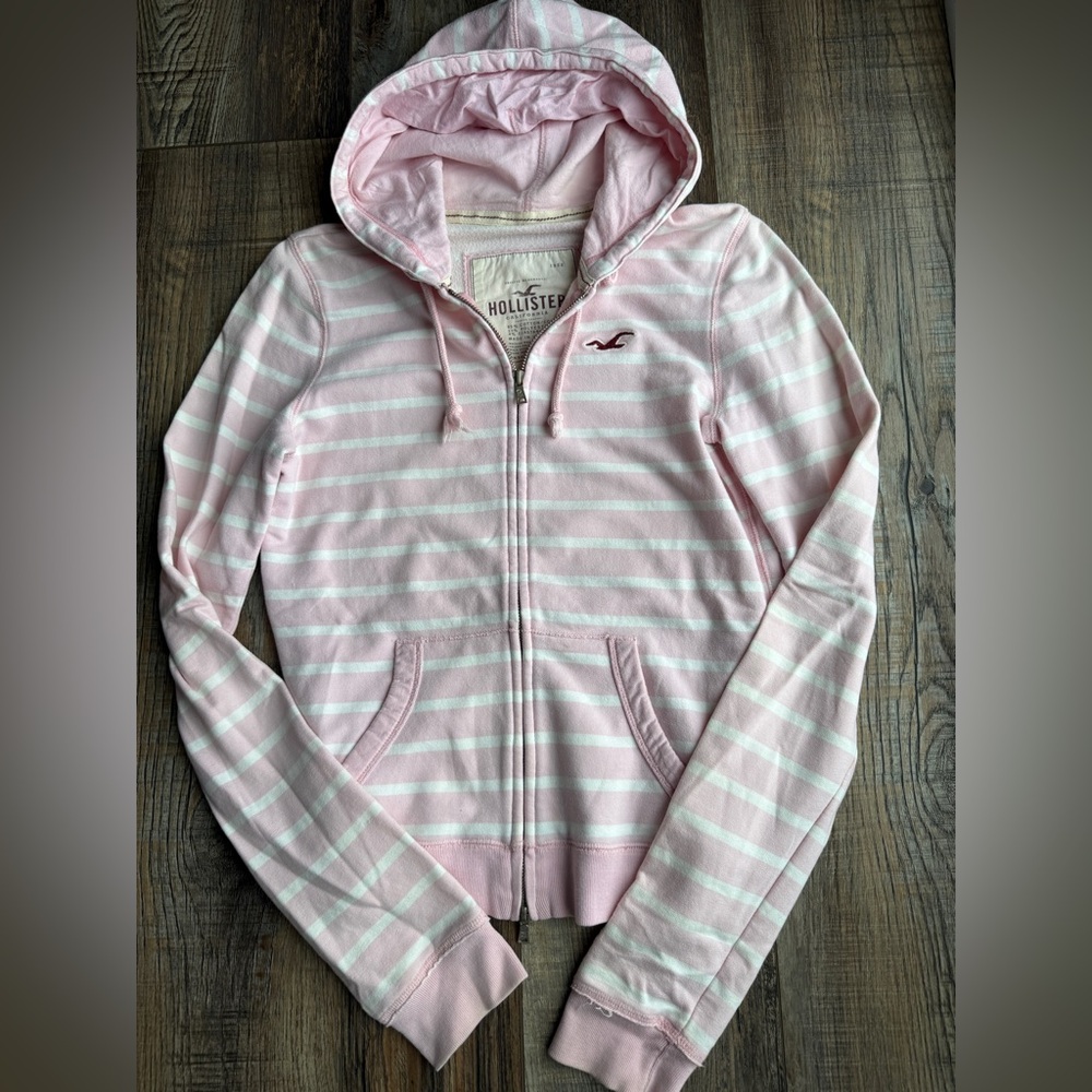Hollister Women's Light Pink and White Striped Zip-Up Hoodie